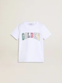 Boys' white T-shirt with multicolored Golden print