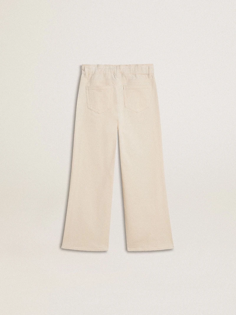 Girls’ wide ribbed cream-colored trousers with embroidery