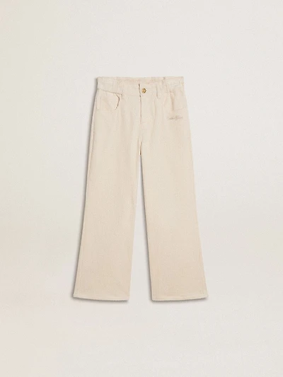 Girls’ wide ribbed cream-colored trousers with embroidery