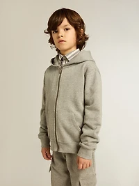 Gray melange hooded sweatshirt with print on the back
