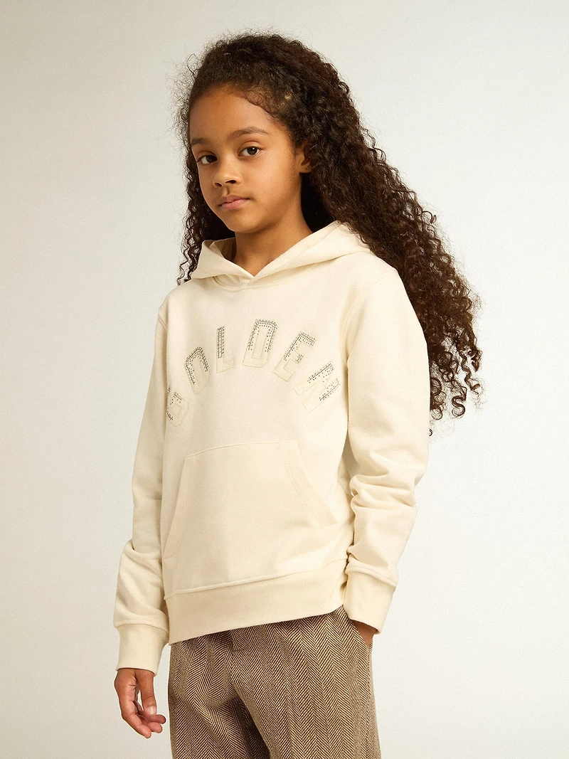 Hooded sweatshirt aged white with patches