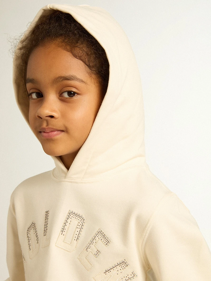 Hooded sweatshirt aged white with patches