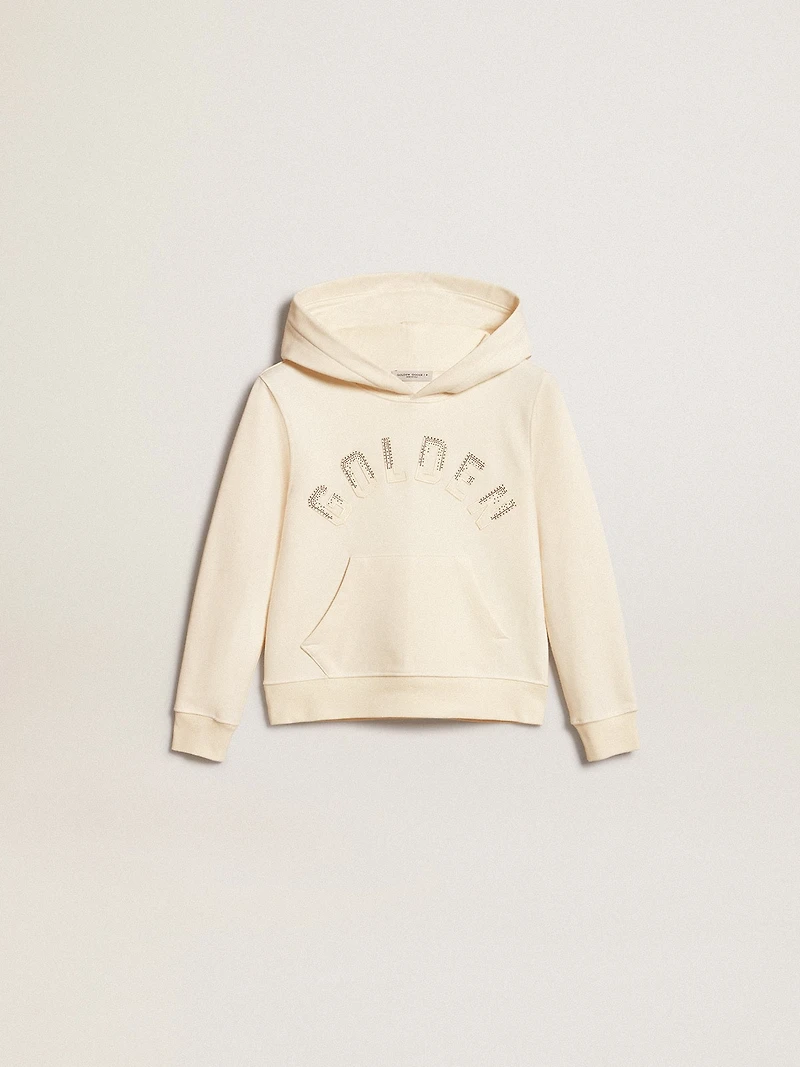 Hooded sweatshirt aged white with patches
