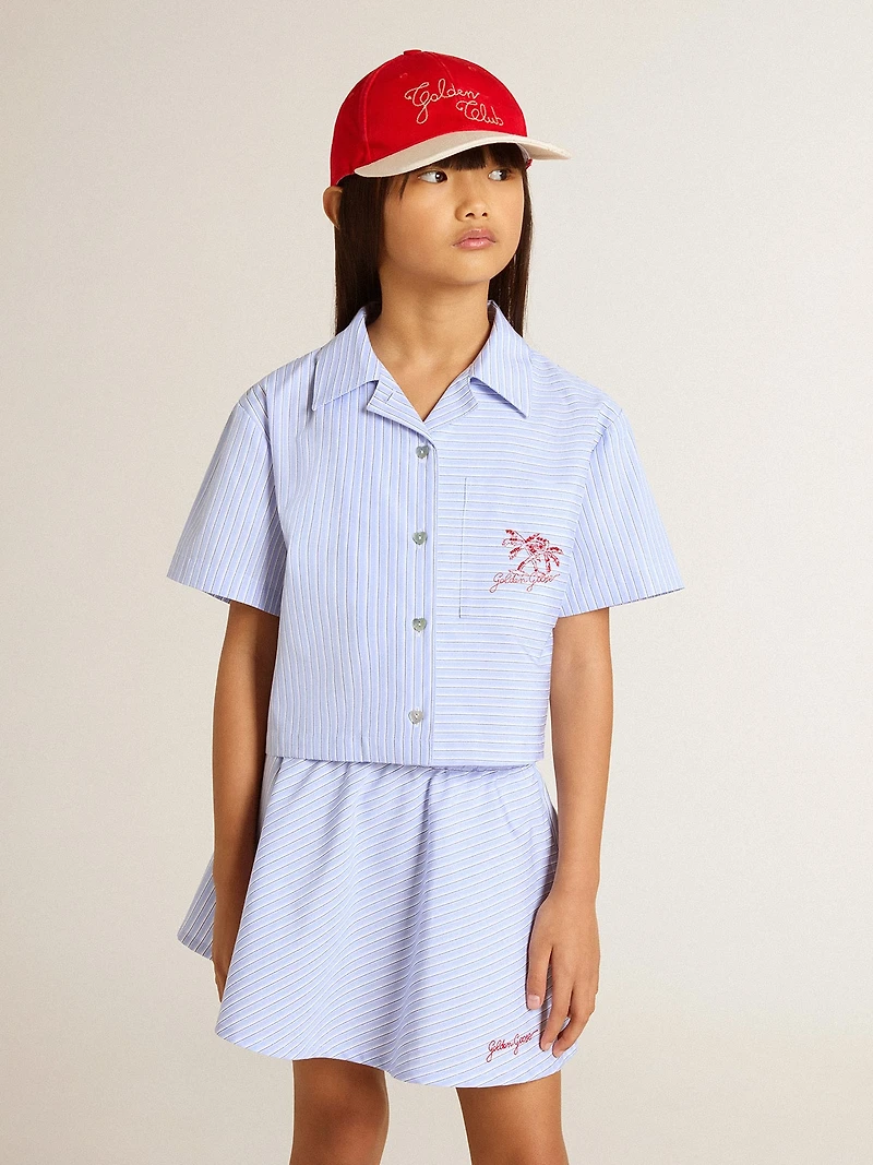 Girls' cropped shirt striped light blue cotton