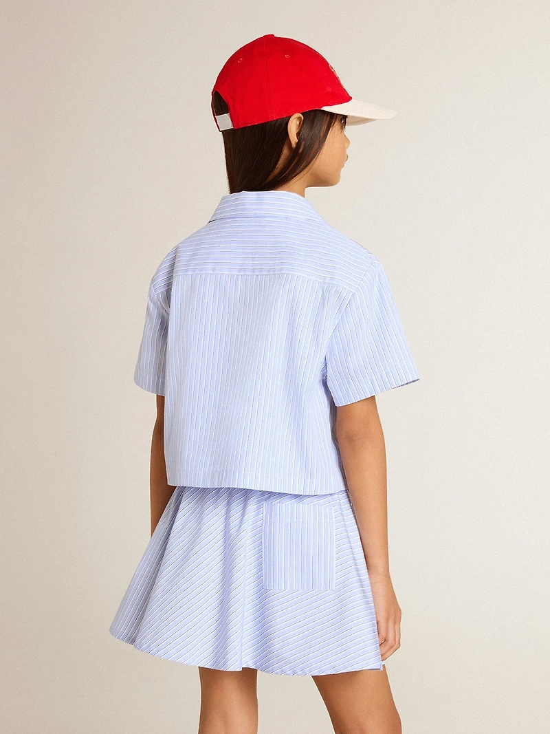 Girls' cropped shirt striped light blue cotton