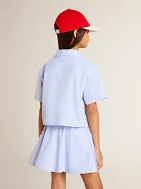 Girls' cropped shirt striped light blue cotton