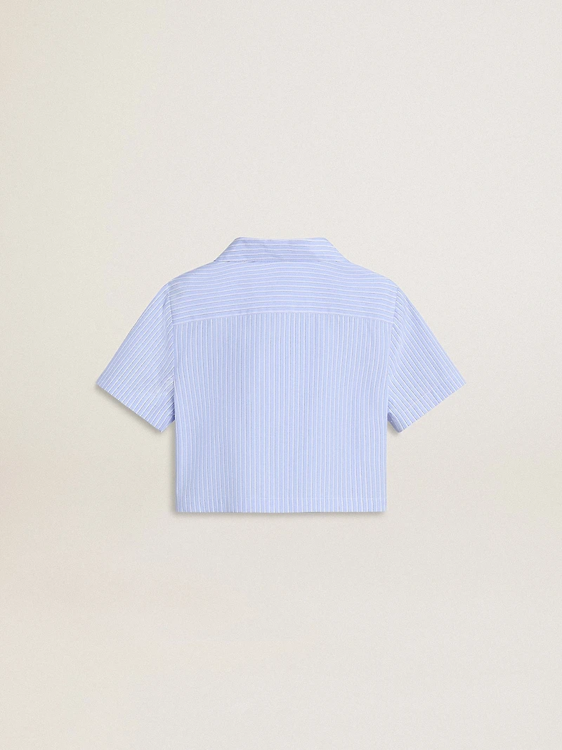 Girls' cropped shirt striped light blue cotton