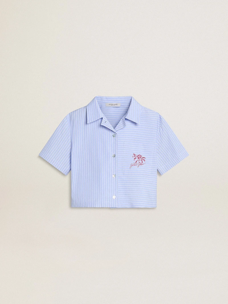 Girls' cropped shirt striped light blue cotton