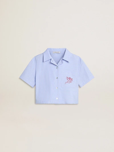 Girls' cropped shirt striped light blue cotton