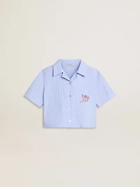 Girls' cropped shirt striped light blue cotton