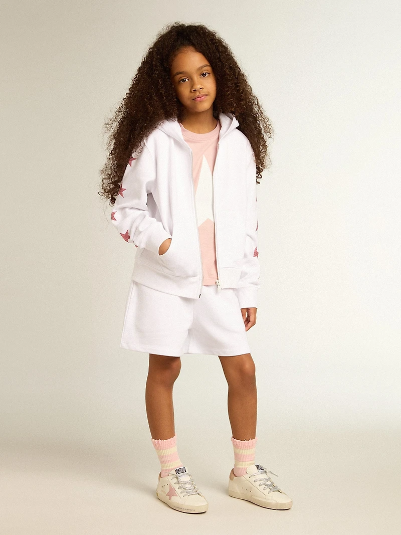 Girls’ zip-up sweatshirt white with glitter stars on the sleeves