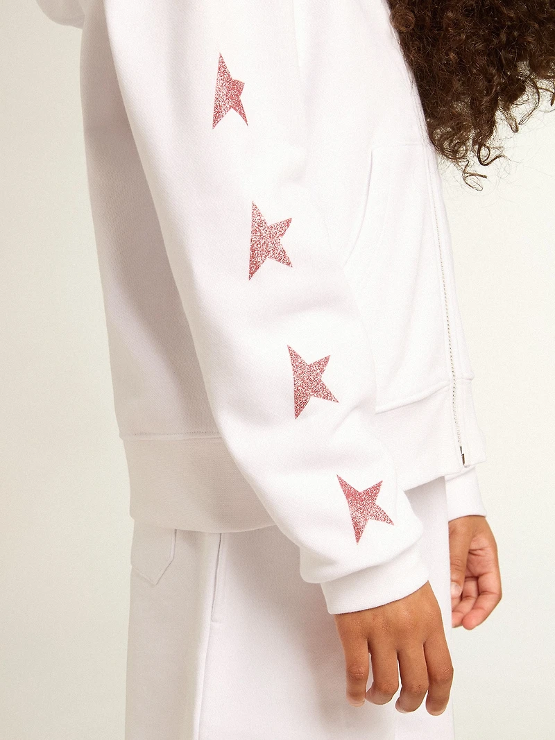 Girls’ zip-up sweatshirt white with glitter stars on the sleeves