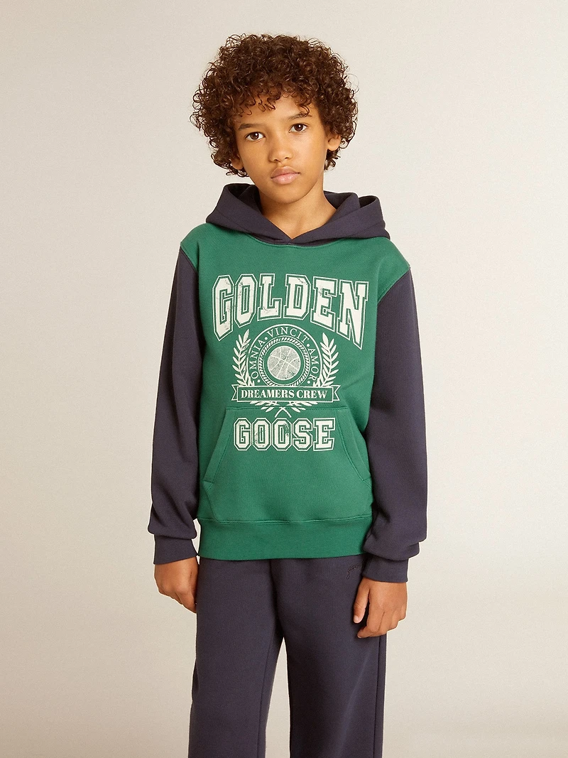 Boys' green and blue sweatshirt with hood print