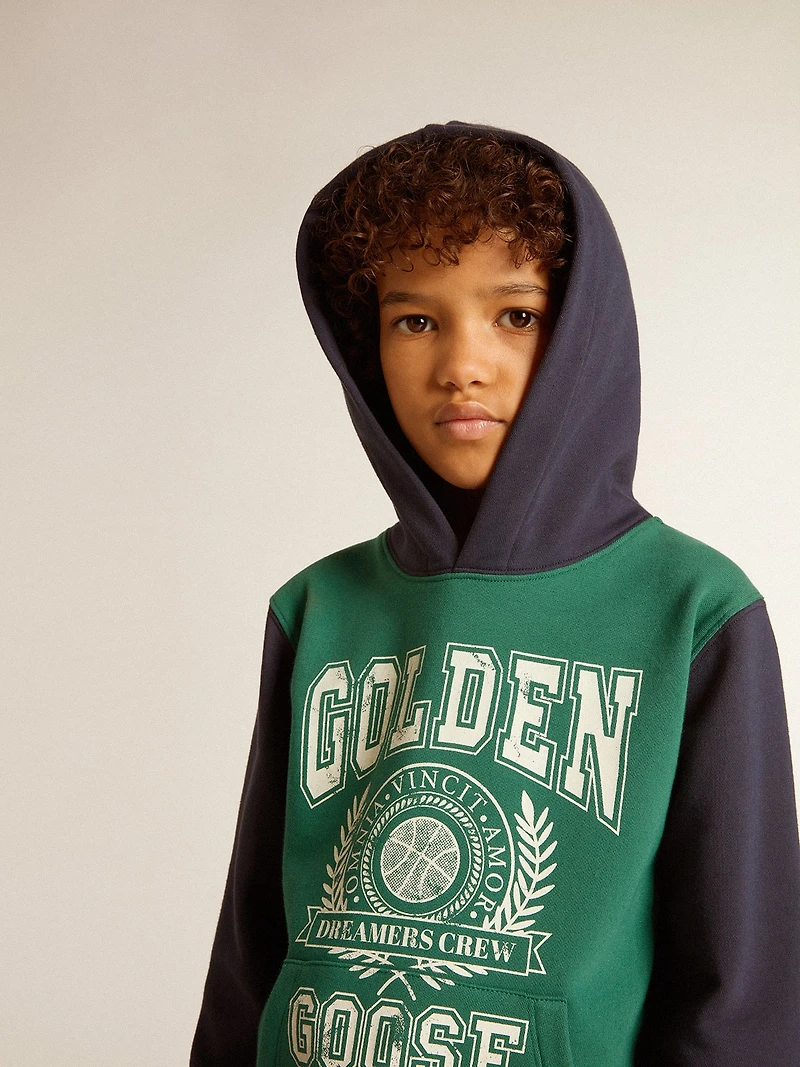 Boys' green and blue sweatshirt with hood print
