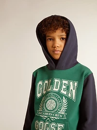 Boys' green and blue sweatshirt with hood print