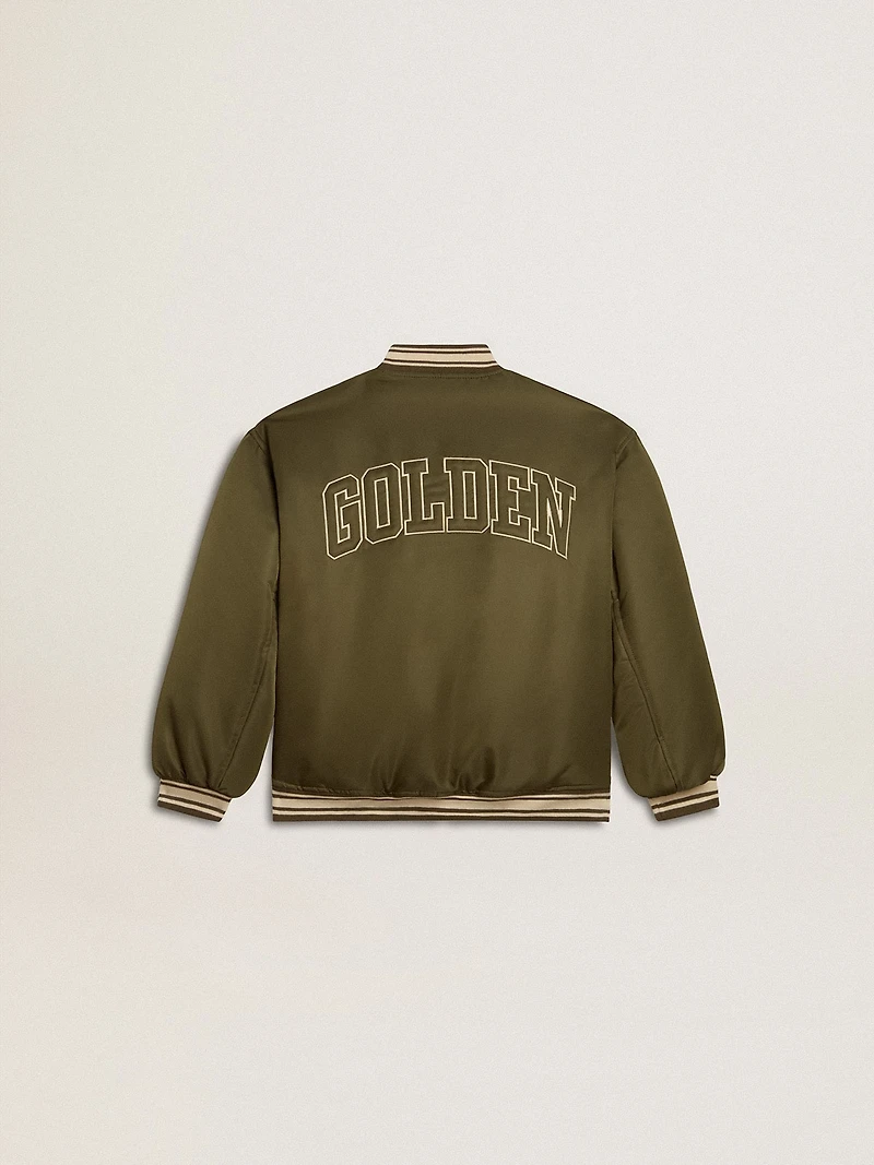 Kids military-green nylon bomber jacket with lettering on the back