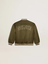 Kids military-green nylon bomber jacket with lettering on the back