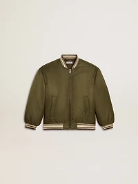 Kids military-green nylon bomber jacket with lettering on the back