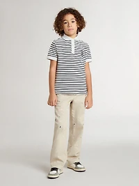 Boys' white cotton polo with navy blue stripes and embroidery