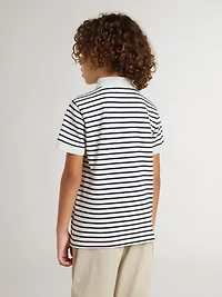 Boys' white cotton polo with navy blue stripes and embroidery