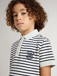 Boys' white cotton polo with navy blue stripes and embroidery