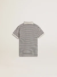 Boys' white cotton polo with navy blue stripes and embroidery
