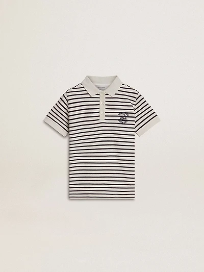 Boys' white cotton polo with navy blue stripes and embroidery