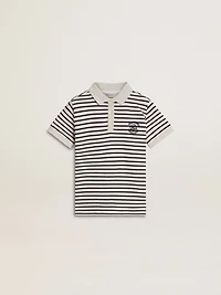Boys' white cotton polo with navy blue stripes and embroidery