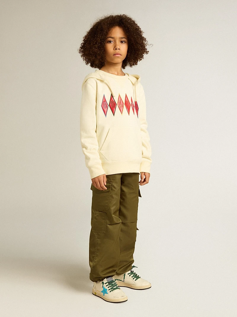 Hooded sweatshirt in worn white with Golden embroidery on the front