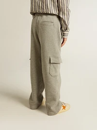 Gray melange cotton cargo joggers with embroidery