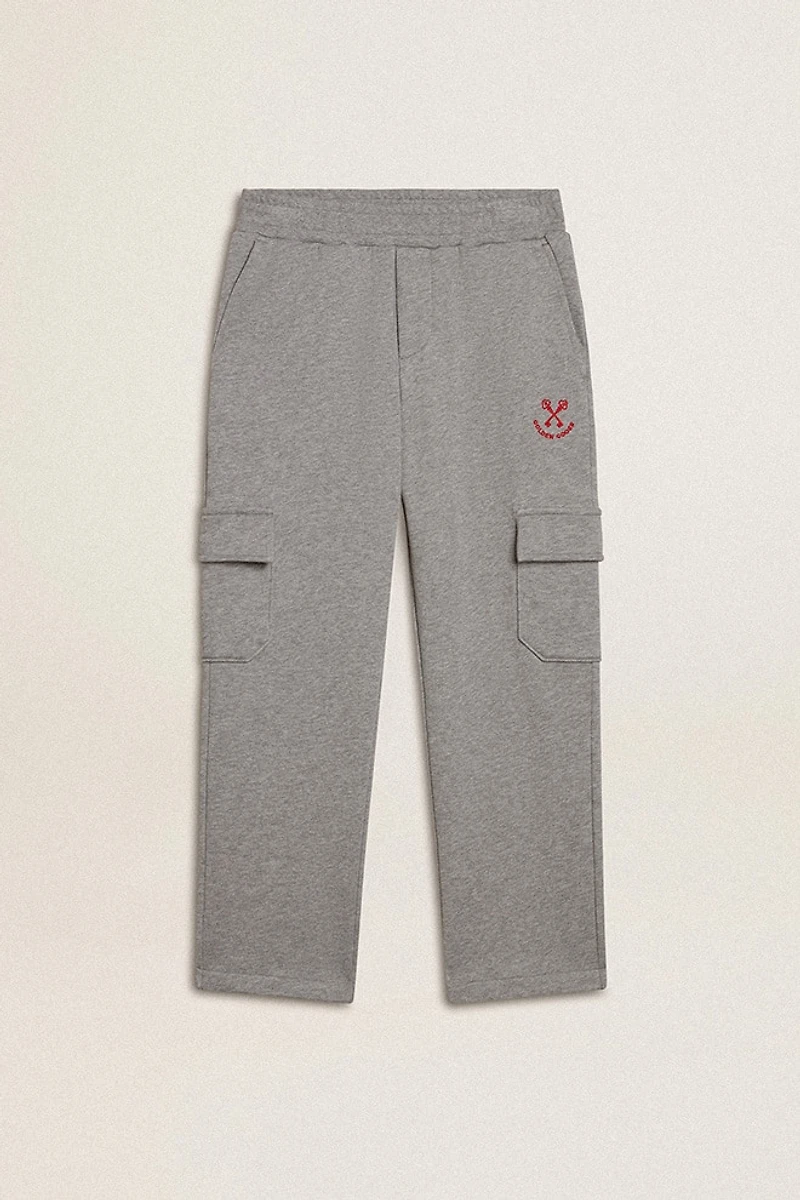 Gray melange cotton cargo joggers with embroidery