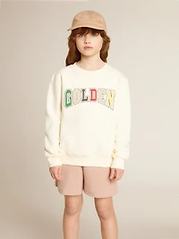 Sweatshirt aged white with multicolor Golden lettering on the front