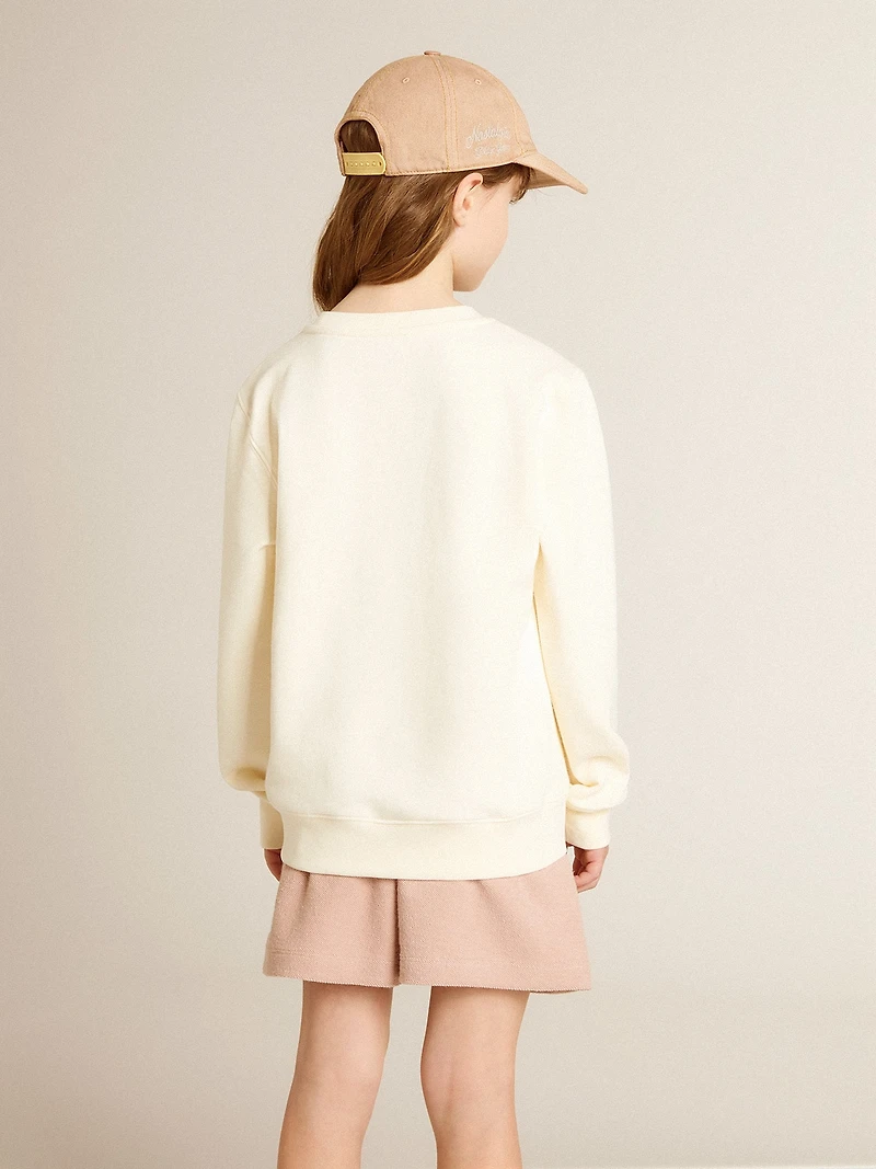 Sweatshirt aged white with multicolor Golden lettering on the front