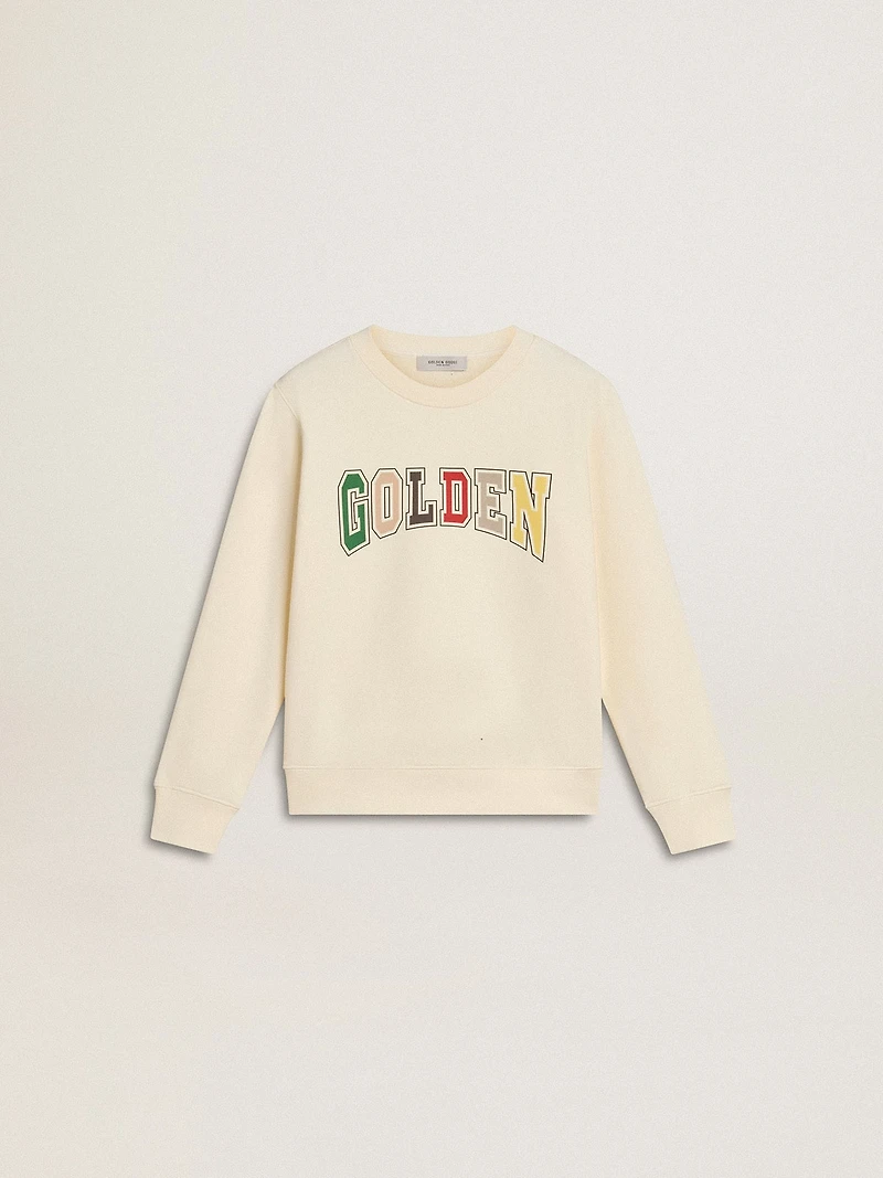 Sweatshirt aged white with multicolor Golden lettering on the front