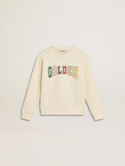 Sweatshirt aged white with multicolor Golden lettering on the front