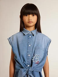 Girls' denim dress with front knot and embroidery