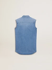 Girls' denim dress with front knot and embroidery
