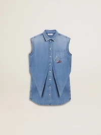 Girls' denim dress with front knot and embroidery