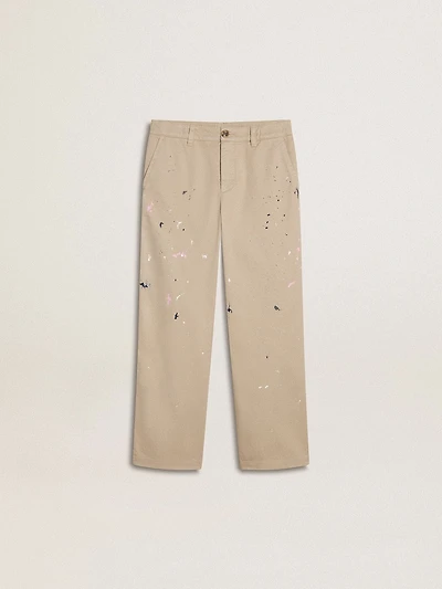 Kids’ beige chino pants with multicolor splashes