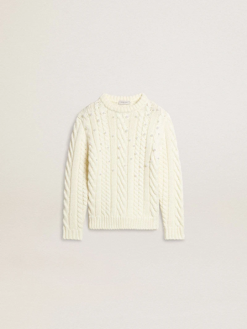Girls' white wool sweater with pearls