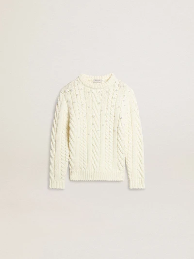 Girls' white wool sweater with pearls
