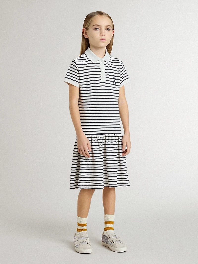 Girls' midi dress striped cotton blend with embroidery