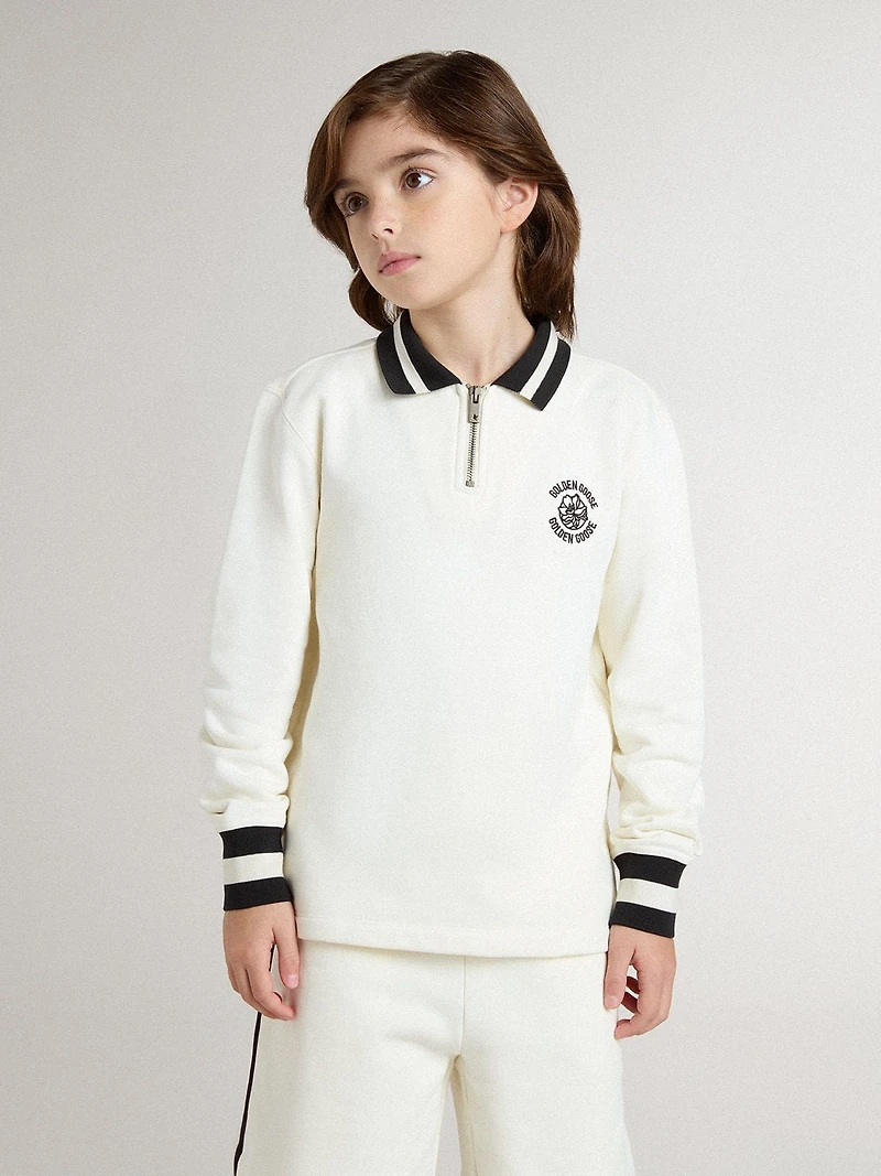 Kids white cotton polo sweatshirt with embroidery on the chest and print back