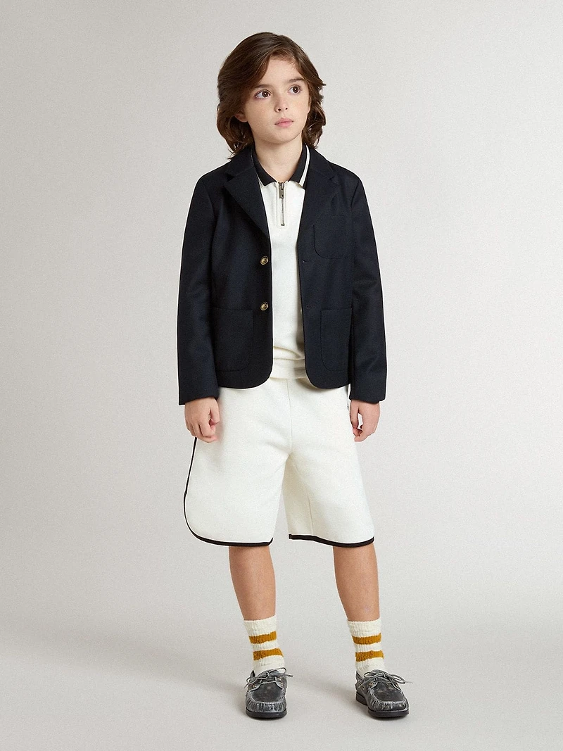 Kids white cotton polo sweatshirt with embroidery on the chest and print back