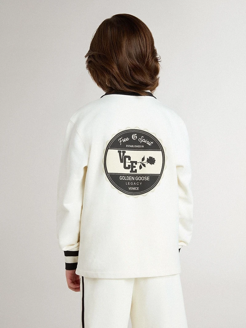 Kids white cotton polo sweatshirt with embroidery on the chest and print back