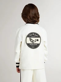 Kids white cotton polo sweatshirt with embroidery on the chest and print back