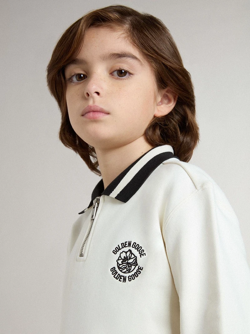 Kids white cotton polo sweatshirt with embroidery on the chest and print back