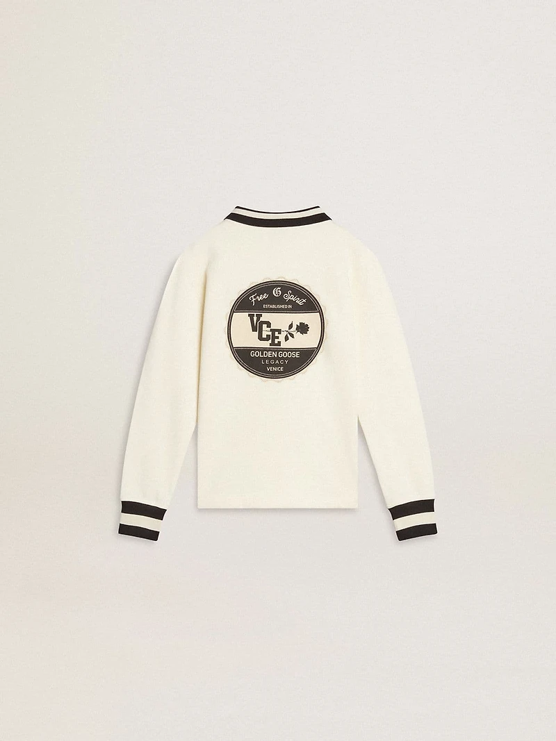 Kids white cotton polo sweatshirt with embroidery on the chest and print back