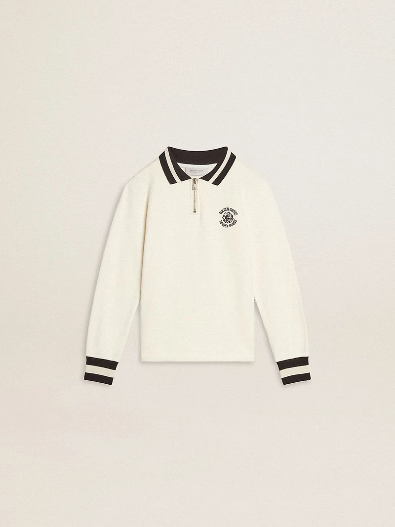 Kids white cotton polo sweatshirt with embroidery on the chest and print back