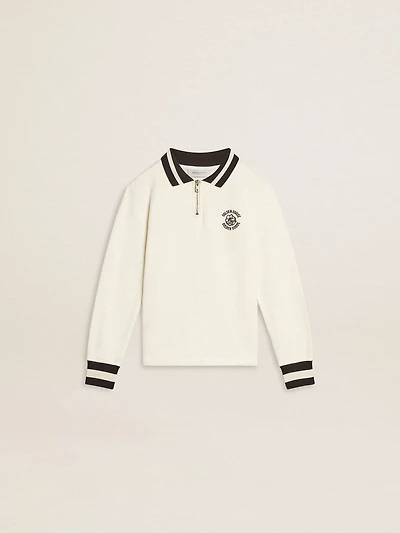 Kids white cotton polo sweatshirt with embroidery on the chest and print back